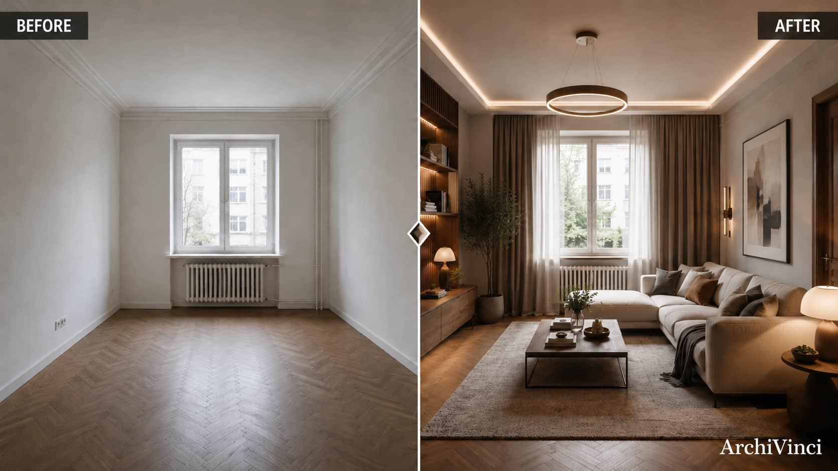 before-after-ai-interior-visualization-living-room-archivinci Before and after AI interior visualization showing an empty living room transformed into a warm modern interior design concept.