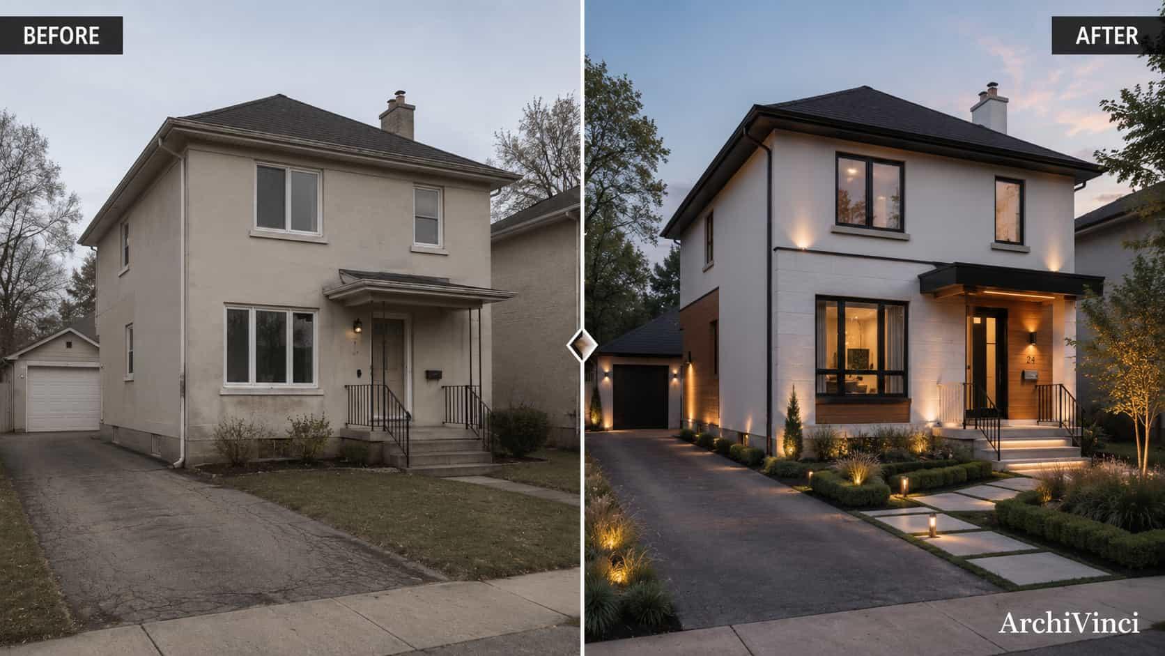 before-after-ai-exterior-visualization-home-renovation-archivinci Before and after AI exterior visualization showing an outdated house transformed into a modern residential facade design.