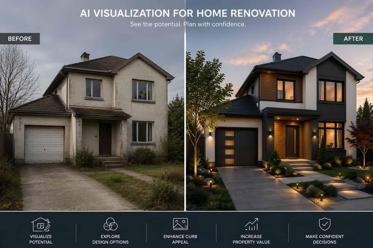 before-after-ai-home-renovation-visualization Before and after AI home renovation visualization showing an outdated house transformed into a modern exterior design with improved landscaping and lighting.